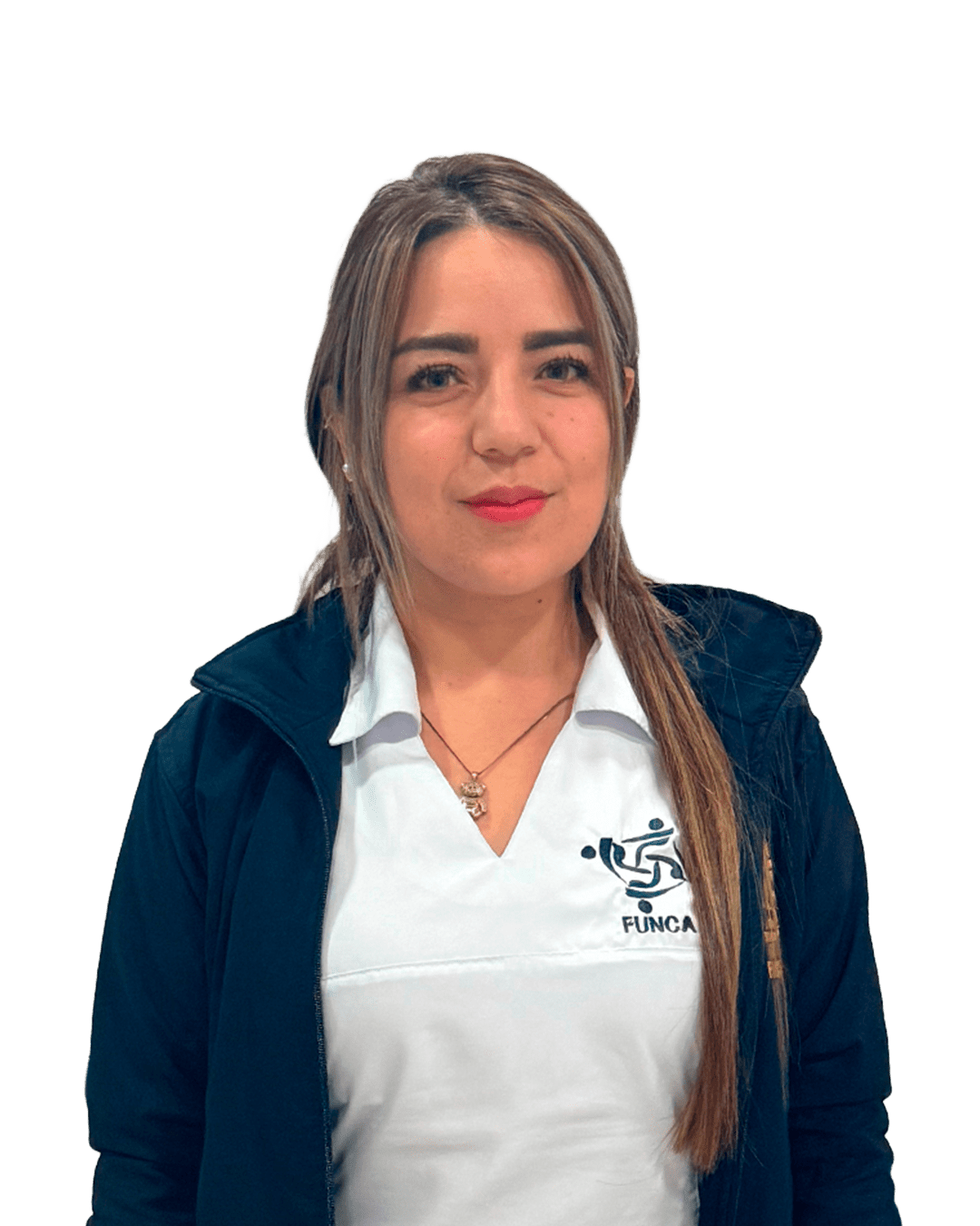 Retrato de Giselle Salinas con uniforme de FUNCA, estudiante de enfermería, en fondo transparente