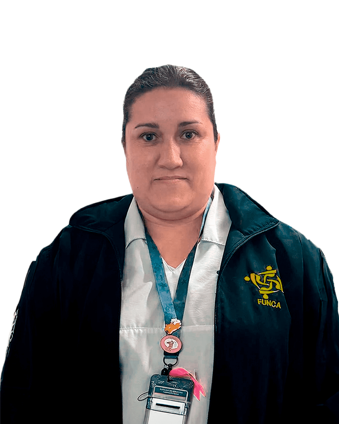 Yurani Henao, estudiante de Farmacia, con uniforme y chaqueta institucional de FUNCA.