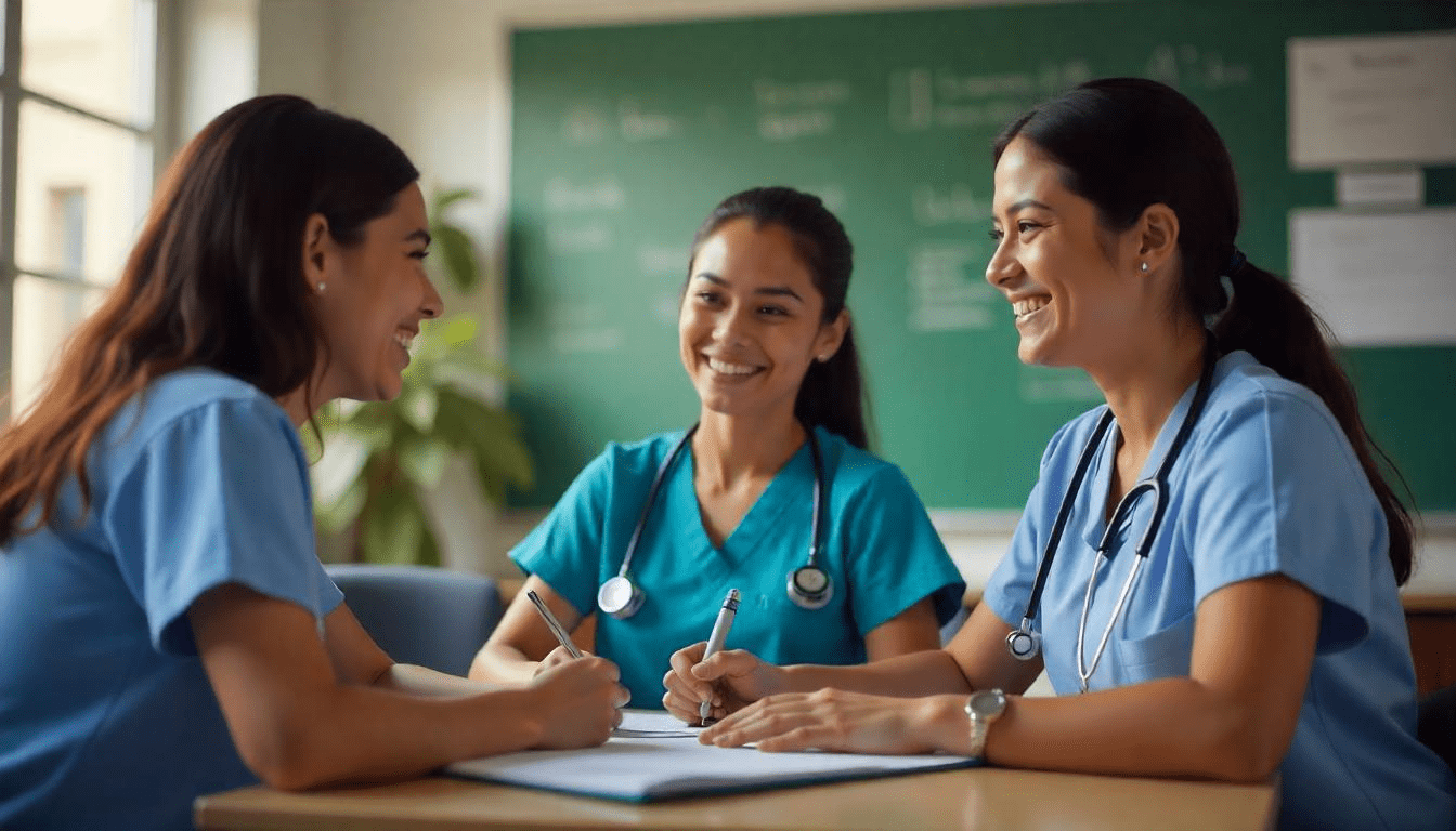 Tres profesionales de la salud con uniforme y estetoscopio conversan y toman notas en una reunión.