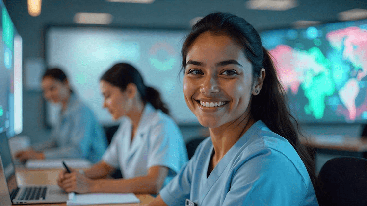 Grupo de estudiantes y profesionales del área de la salud con uniforme clínico y estetoscopios, caminando al aire libre y sonriendo.