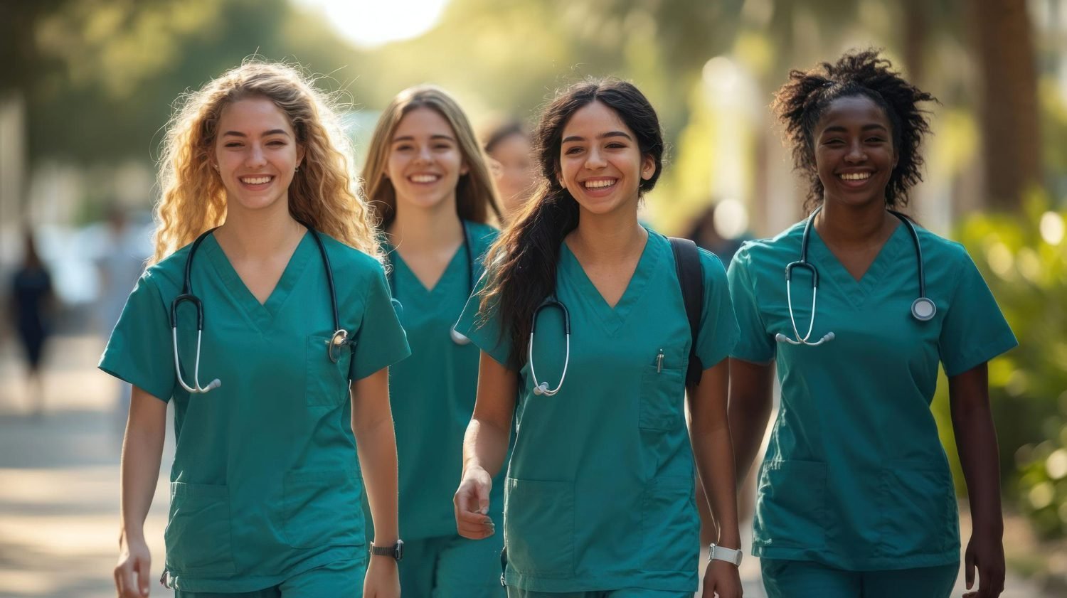 Grupo de estudiantes y profesionales del área de la salud con uniforme clínico y estetoscopios, caminando al aire libre y sonriendo.