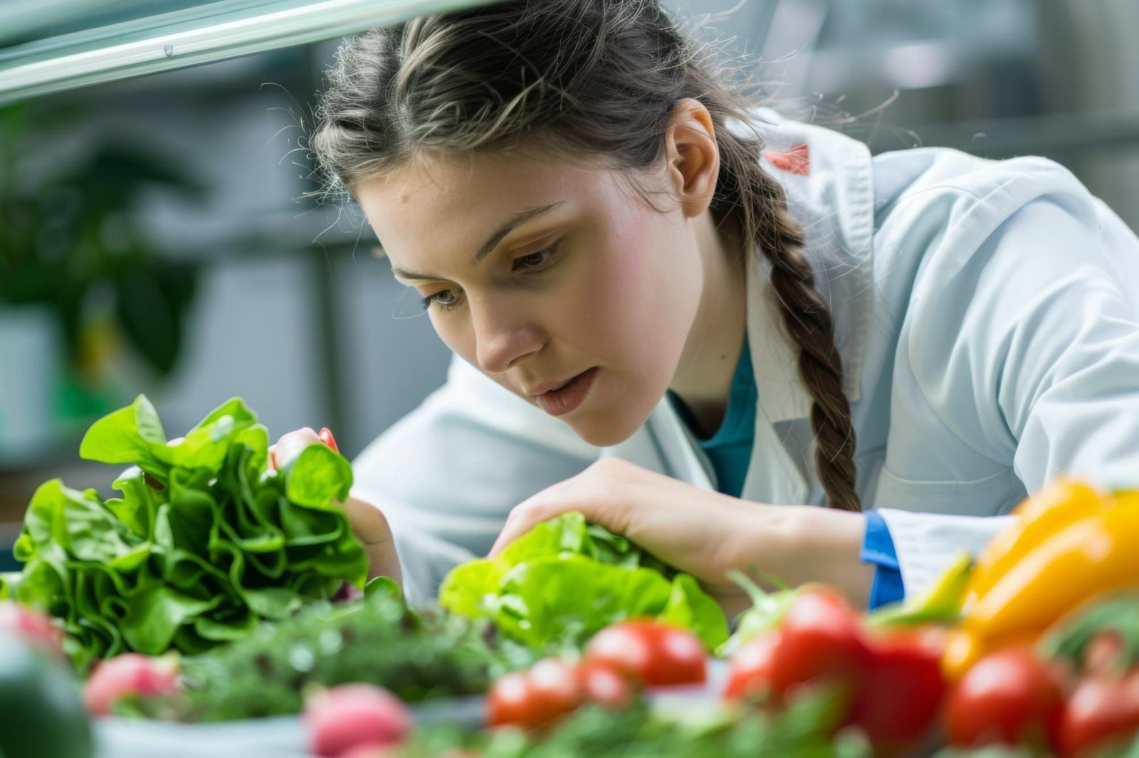 Profesional inspecciona vegetales frescos y hojas verdes durante prácticas de higiene e inocuidad en el curso de Manipulación de Alimentos.