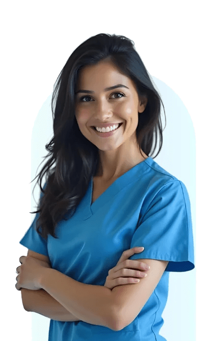 Profesional de salud con uniforme azul en banner principal