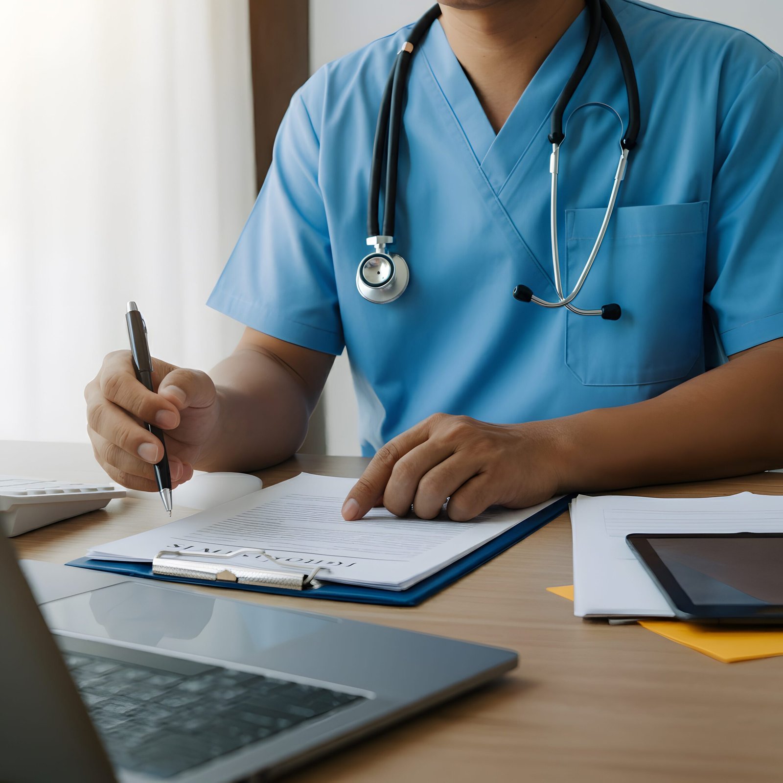 Auxiliar de enfermería diligenciando un formato clínico en escritorio con computador y tableta