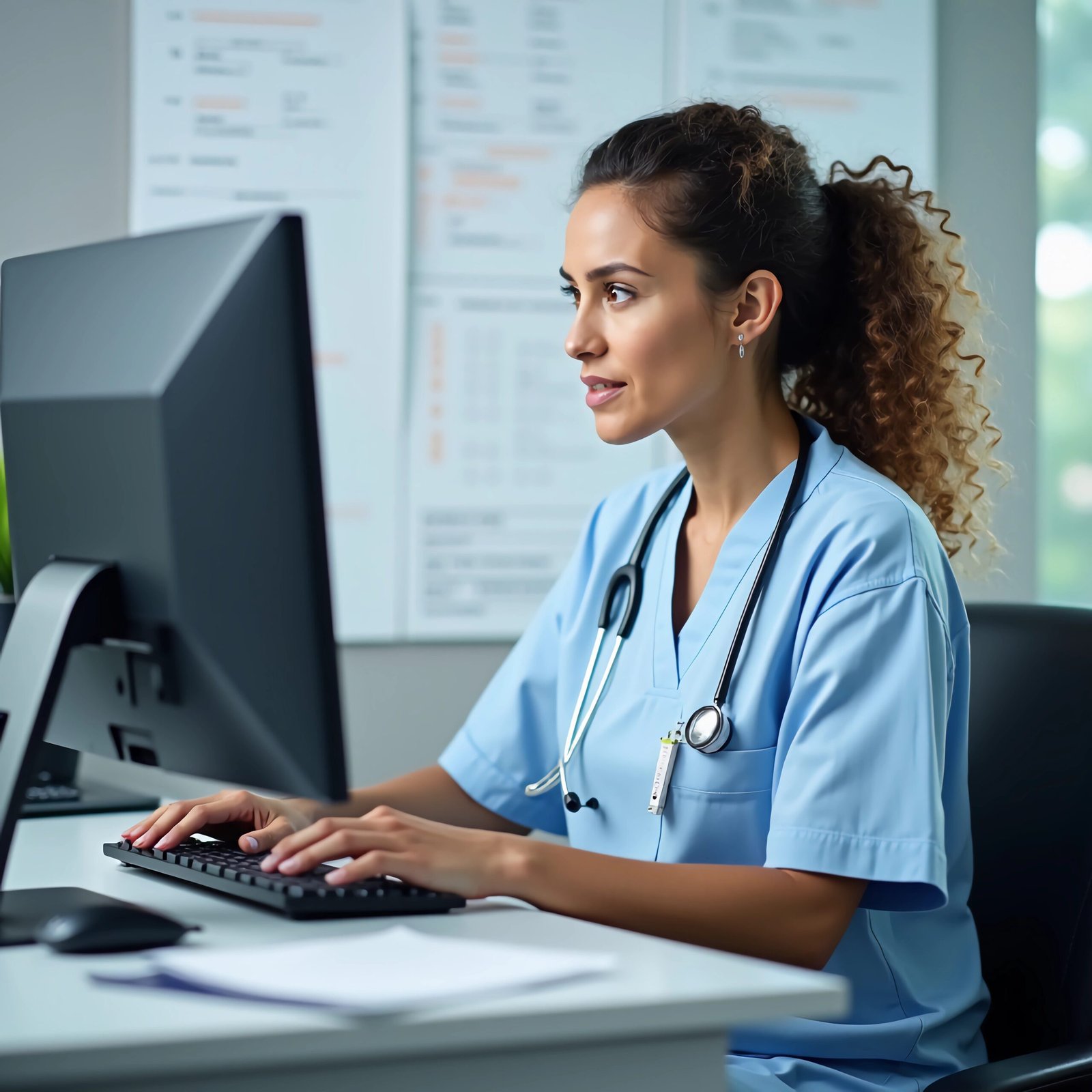 Profesional de salud registrando información del paciente en el sistema desde un computador