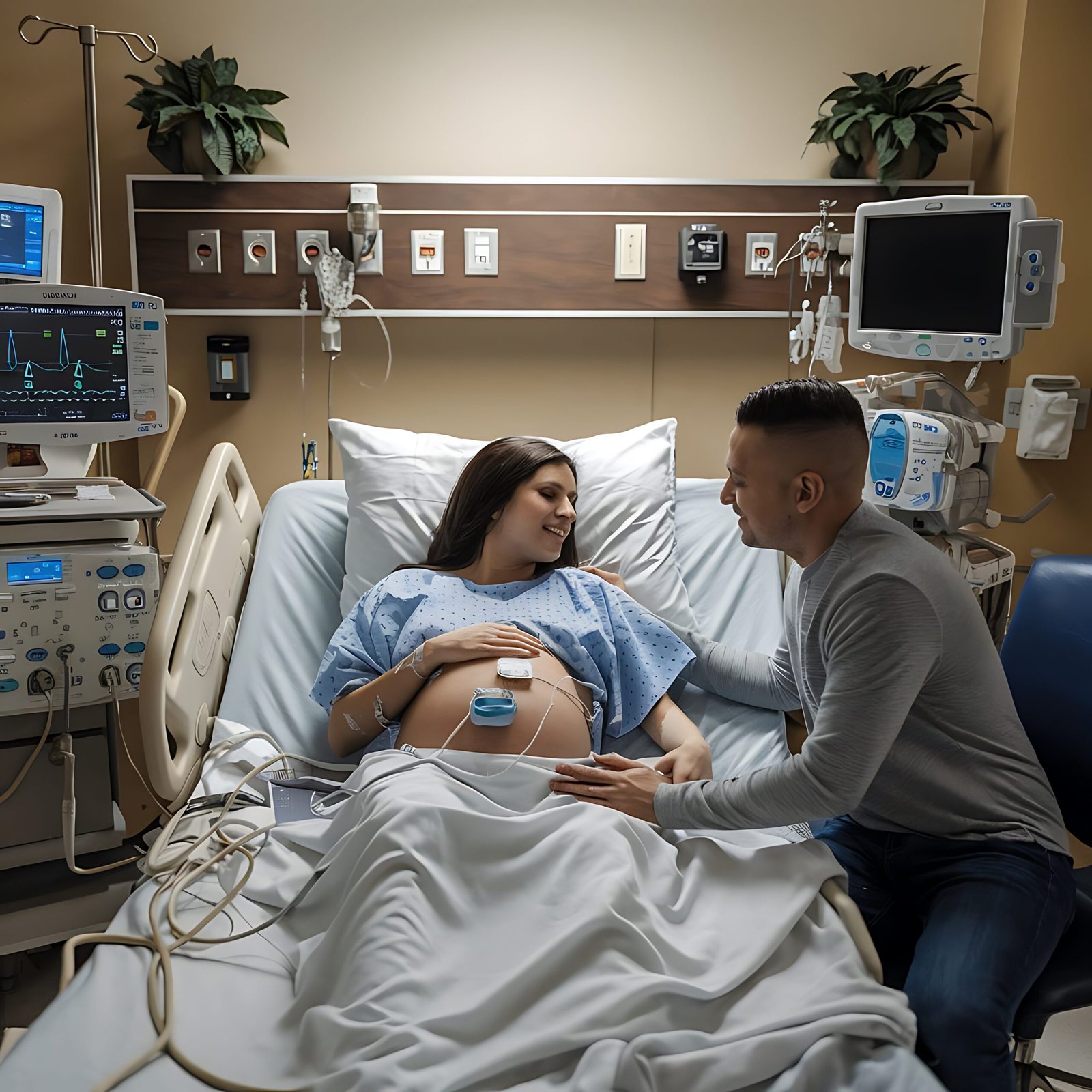Mujer embarazada en cama hospitalaria acompañada por su pareja durante la atención materna
