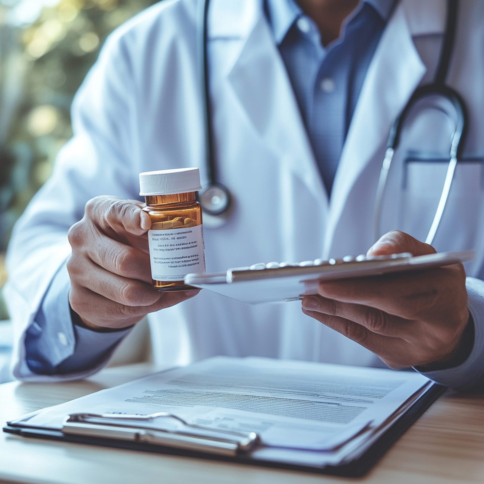 Profesional de salud revisando una prescripción y sosteniendo un frasco de medicamento para dispensación segura