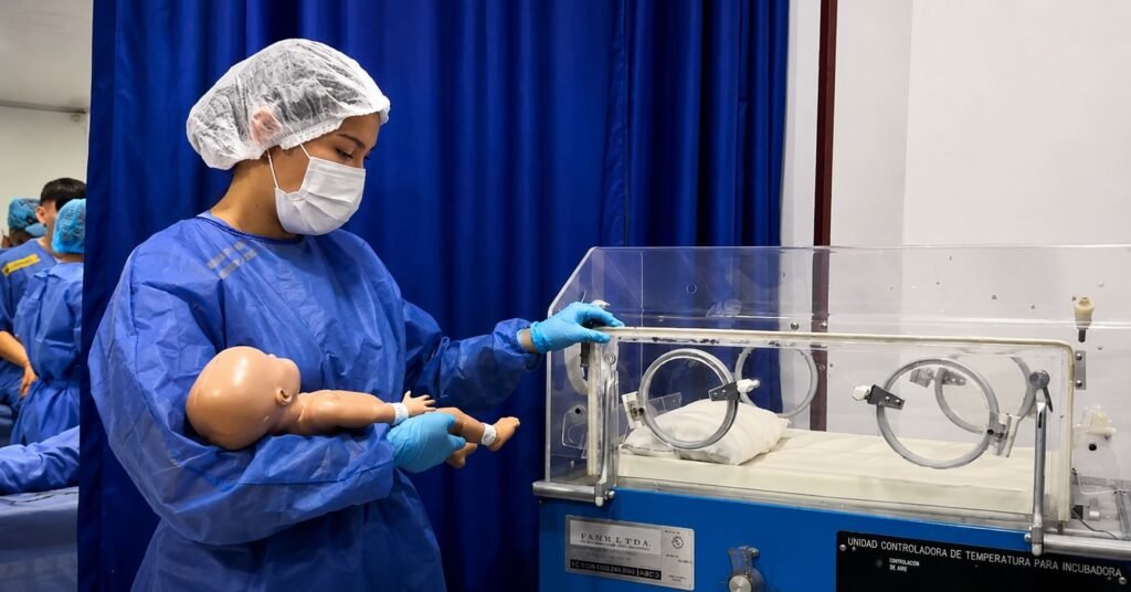 Estudiante de FUNCA en práctica de simulación neonatal